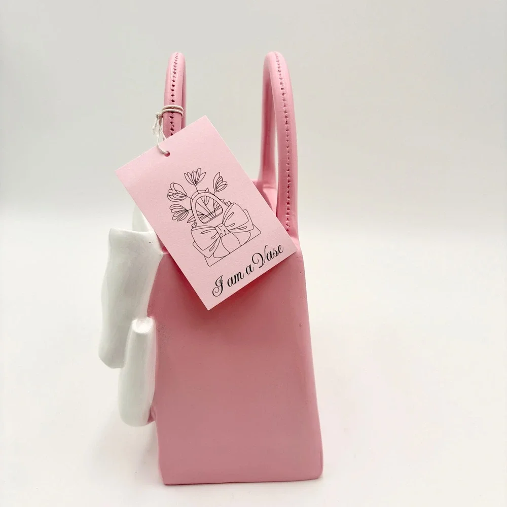 Pink Handbag Vase with Large White Bow Coquette Decor Purse Planter 8in